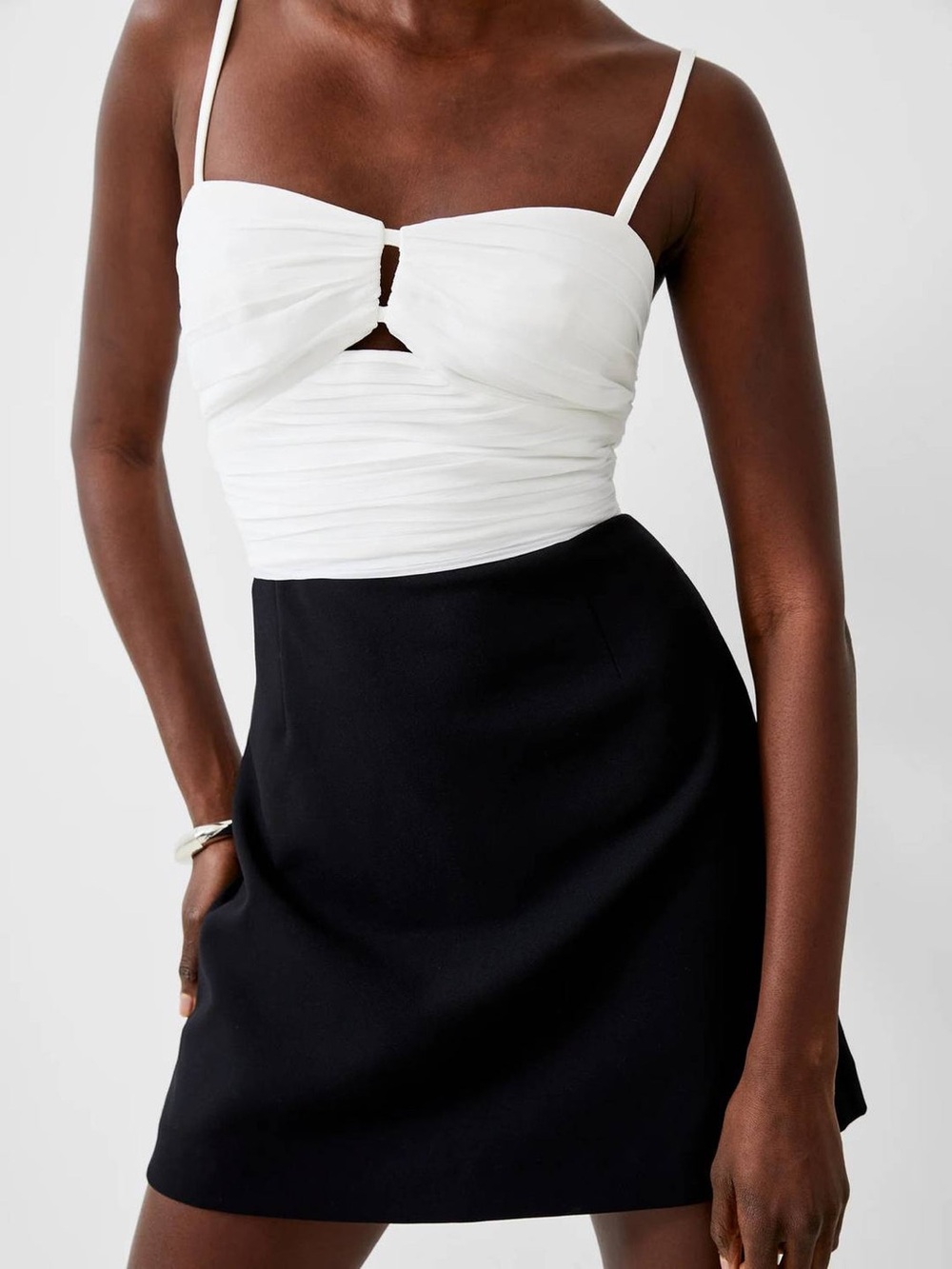 French Connection White & Black Two-Tone Ruched Bust Mini Dress